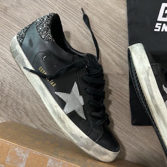 GOLDEN GOOSE SNEAKERS SUPERSTAR BLACK SILVER GLITTER HEEL SIZE 38 - Picture 4 of 13